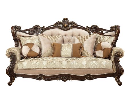 42  Beige Polyester Blend Curved Damask Sofa And Toss Pillows With Brown Legs Online Sale