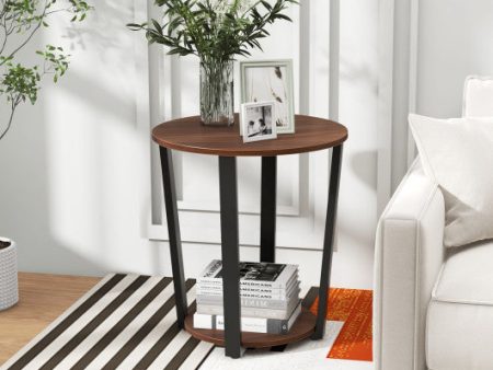 Round End Table with Open Shelf and Metal Frame-Walnut Sale