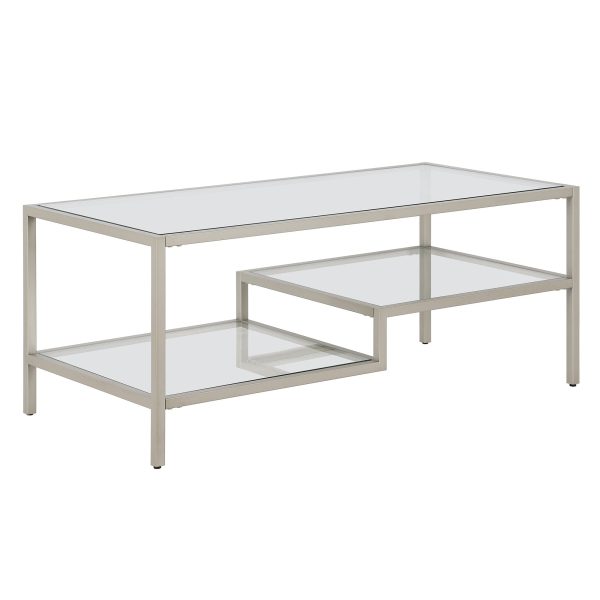 45  Silver Glass And Steel Coffee Table With Two Shelves Cheap