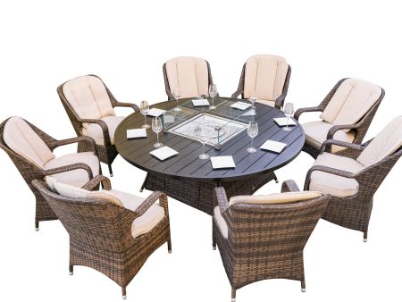 Brown Wicker Round Outdoor Fire Pit Dining Set With 8 Chairs Online Sale