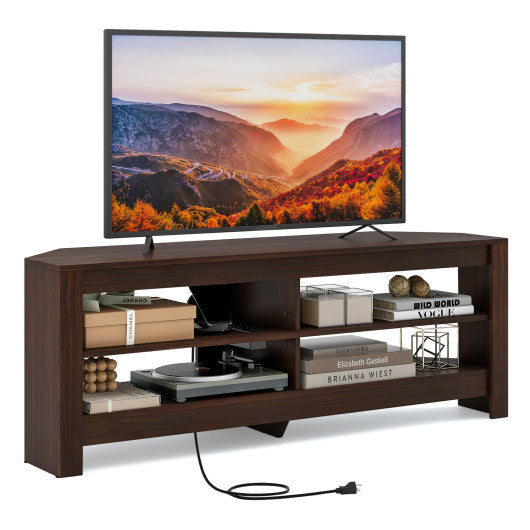 Corner TV Stand with Power Outlet and 4 Open Storage Shelves-Brown Discount