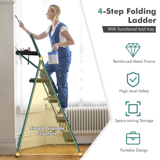 Folding 4-Step Ladder with Tool Tray Non-Slip Footpads and Pedals Fashion