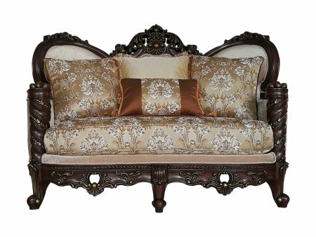 68  Cream And Brown Damask Chesterfield Loveseat and Toss Pillows on Sale