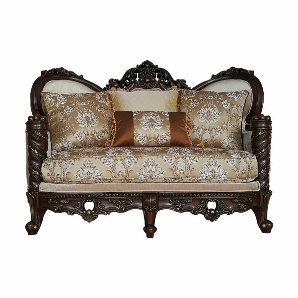 68  Cream And Brown Damask Chesterfield Loveseat and Toss Pillows on Sale