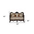 68  Cream And Brown Damask Chesterfield Loveseat and Toss Pillows on Sale