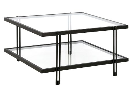 32  Clear And Black Glass And Steel Square Coffee Table With Shelf Online Sale