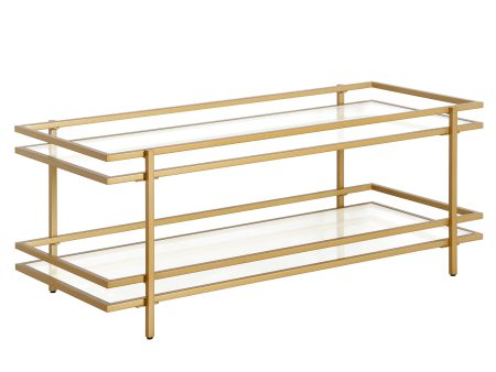 45  Gold Glass And Steel Coffee Table With Shelf Hot on Sale