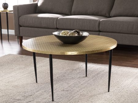 34  Black And Gold Embossed Metal Round Coffee Table on Sale