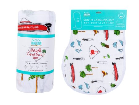 Gift Set: South Carolina Baby Boy Muslin Swaddle Blanket and Burp Cloth Bib Combo by Little Hometown Cheap