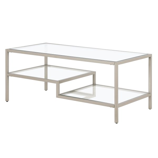 45  Silver Glass And Steel Coffee Table With Two Shelves Cheap