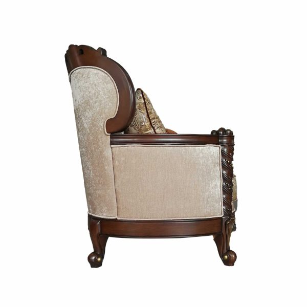 68  Cream And Brown Damask Chesterfield Loveseat and Toss Pillows on Sale