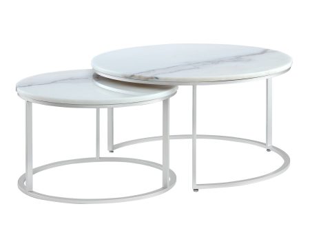 Set of Two 31  White And Silver Genuine Marble And Iron Round Nested Coffee Tables Cheap