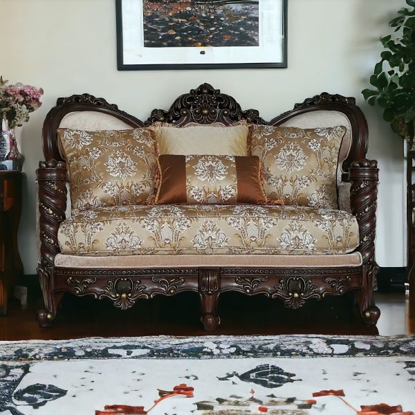 68  Cream And Brown Damask Chesterfield Loveseat and Toss Pillows on Sale