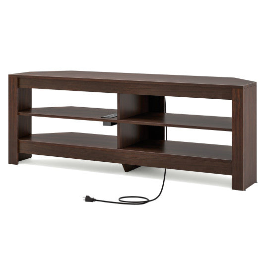 Corner TV Stand with Power Outlet and 4 Open Storage Shelves-Brown Discount