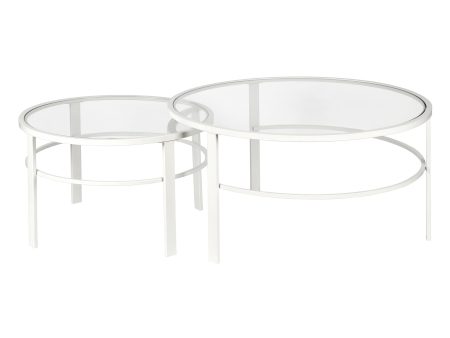 Set of Two 36  White Glass And Steel Round Nested Coffee Tables For Discount