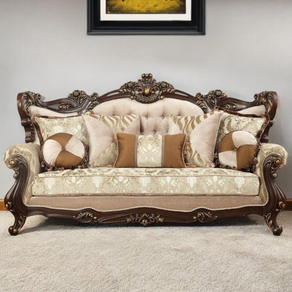 42  Beige Polyester Blend Curved Damask Sofa And Toss Pillows With Brown Legs Online Sale