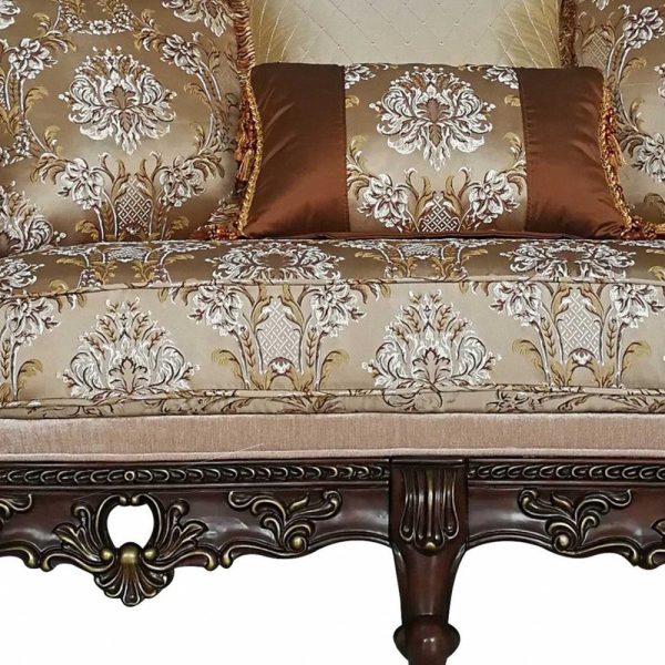 68  Cream And Brown Damask Chesterfield Loveseat and Toss Pillows on Sale