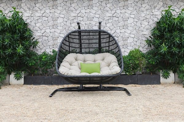 69  Beige and Black Aluminum Indoor Outdoor Swing Chair with Beige Cushion Fashion