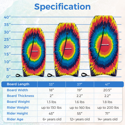 33 37 41 Inches Lightweight Body Board Boogie Board with EPS Core XPE Deck HDPE Bottom Multicolor3-M Online