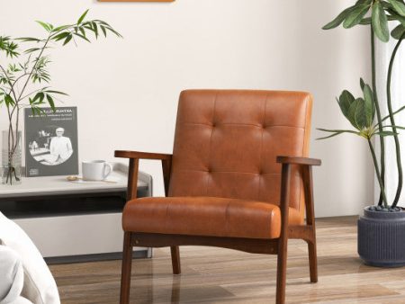 Mid Century Modern Accent Chair with Solid Rubber Wood Frame and Leather Cover-Brown Online now