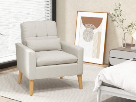 Accent Chair with Lumbar Pillow  Natural Rubber Wood Legs  Padded Cushions-Beige Hot on Sale