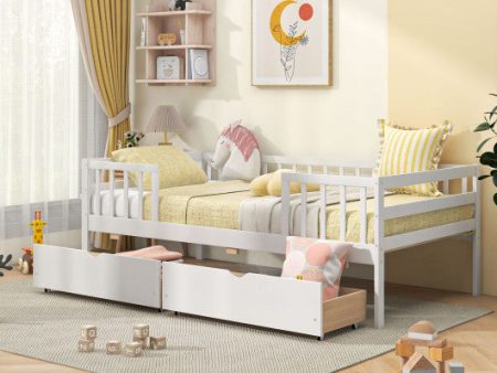 Twin Daybed with Fence and 2 Drawers Kids Bed for Boys & Girls-White For Sale