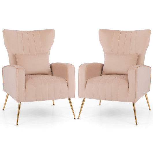 Velvet Upholstered Wingback Chair with Lumbar Pillow and Golden Metal Legs-Pink Fashion