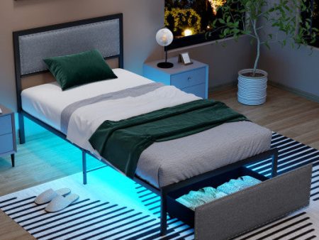 Full Queen Twin Size Bed Frame with LED Lights Drawer and Metal Slats-Twin Size Supply