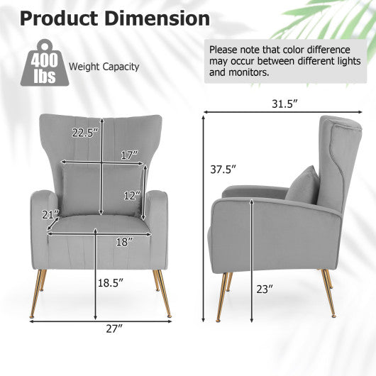 Velvet Upholstered Wingback Chair with Lumbar Pillow and Golden Metal Legs-Gray Online Hot Sale