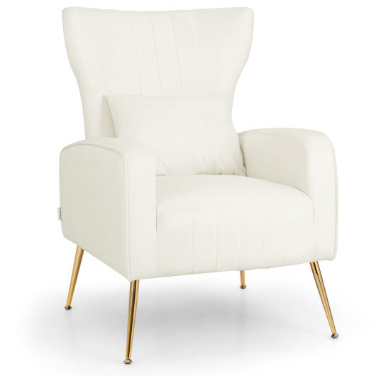 Velvet Upholstered Wingback Chair with Lumbar Pillow and Golden Metal Legs-White For Discount