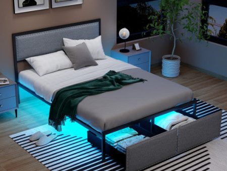 Full Queen Twin Size Bed Frame with LED Lights Drawer and Metal Slats-Full Size Online Sale