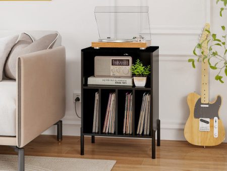 Record Player Stand with Record Storage Shelf and Charging Station-Black Fashion