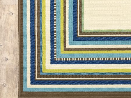 Ivory and Blue Striped Indoor Outdoor Area Rug Online Sale