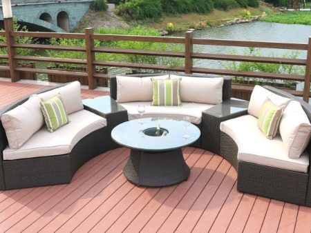 Six Piece Outdoor Black Wicker Sectional Seating Group with Beige Cushions on Sale