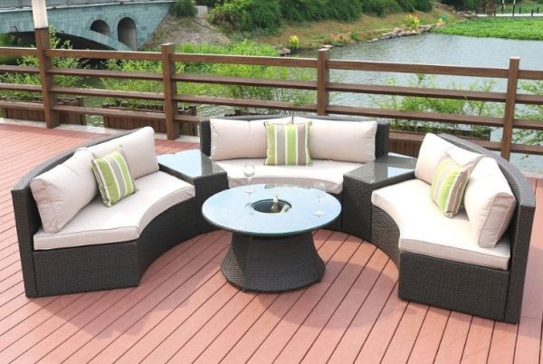 Six Piece Outdoor Black Wicker Sectional Seating Group with Beige Cushions on Sale