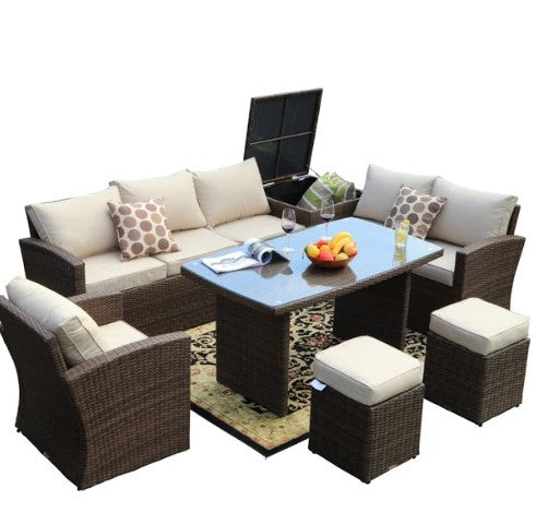 179.85  X 31.89  32.68  Brown 7Piece Steel Outdoor Sectional Sofa Set With Ottomans And Storage Box For Discount