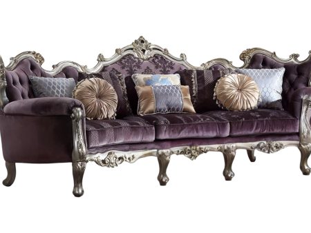 52  Dark Purple Velvet Curved Striped Sofa And Toss Pillows With Platinum Legs Sale