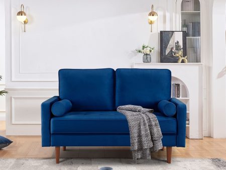 57  Blue And Dark Brown Velvet Loveseat and Toss Pillows Online now