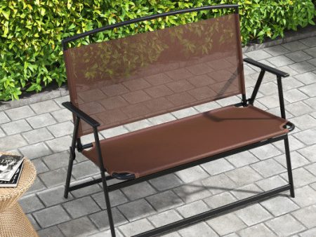 Folding Outdoor Garden Bench 2-Person Patio Bench with Backrest and Armrests-Brown For Sale