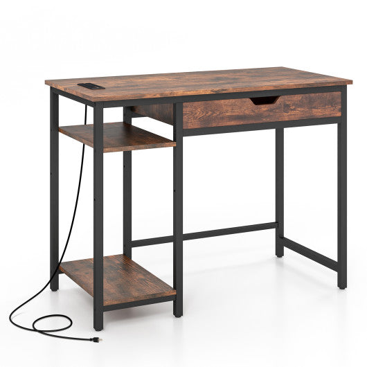 Computer Desk with Charging Station and Drawer & Adjustable Shelf-Rustic Brown Cheap