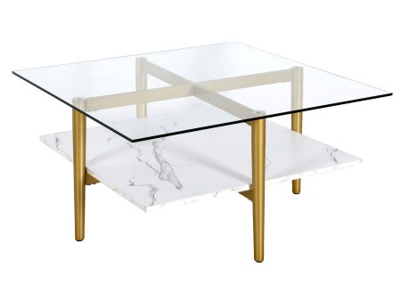 32  White And Gold Glass And Steel Square Coffee Table With Shelf For Cheap