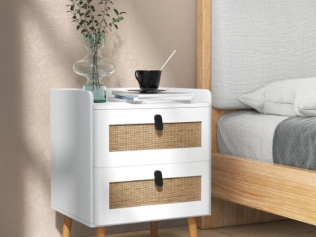 Modern End Table Bedside Table with 2 Rattan Decorated Drawers-White Online Hot Sale