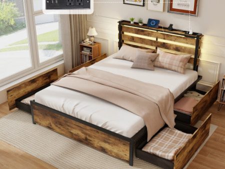 Full Queen Twin Size Bed Frame with Drawers LED Lights and USB Ports-Queen Size Fashion