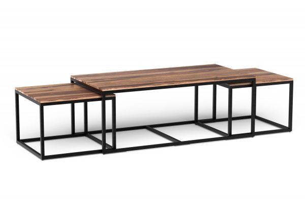 Set of Three 47  Natural And Black Solid Wood And Iron Coffee Table Online