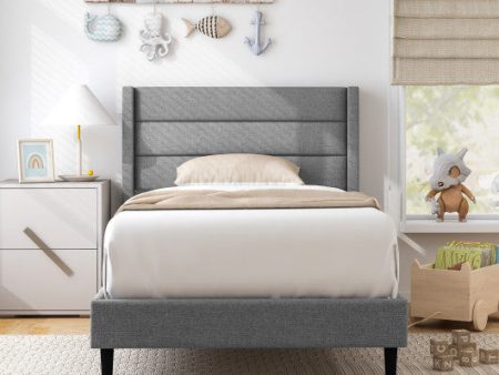 Linen Upholstered Platform Twin Queen Bed Frame with Wingback Headboard-Twin Size on Sale