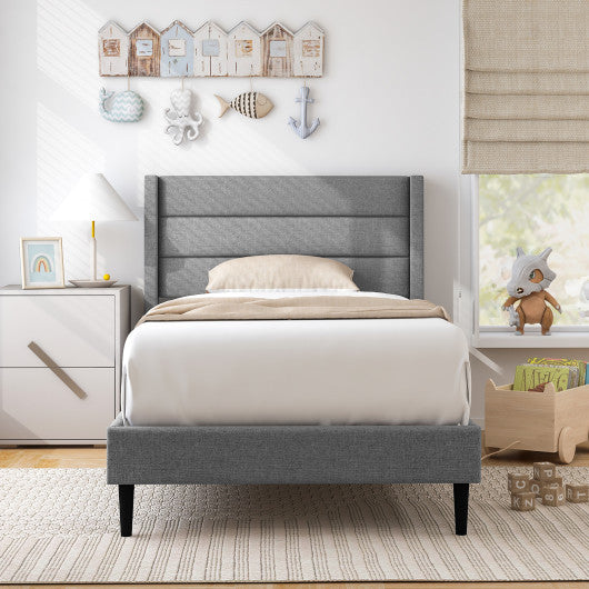 Linen Upholstered Platform Twin Queen Bed Frame with Wingback Headboard-Twin Size on Sale