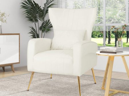 Velvet Upholstered Wingback Chair with Lumbar Pillow and Golden Metal Legs-White For Discount