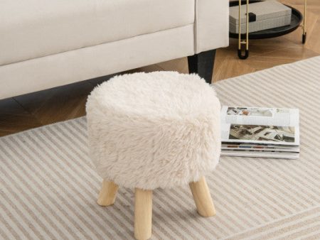 Round Footstool Ottoman Faux Fur Footrest with Padded Seat and Rubber Wood Legs-White Supply