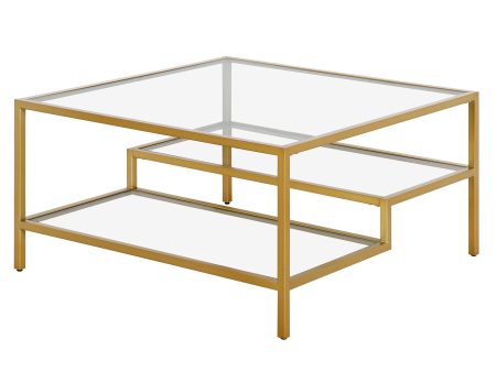 32  Gold Glass And Steel Square Coffee Table With Two Shelves For Sale