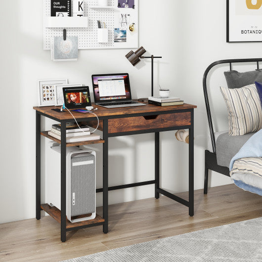 Computer Desk with Charging Station and Drawer & Adjustable Shelf-Rustic Brown Cheap